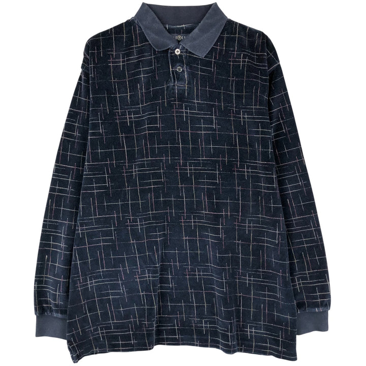 CHERESKIN all-over print velour long-sleeved polo shirt, men's size M cotton navy blue type Vintage Second Hand