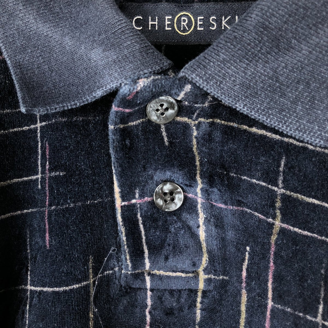 CHERESKIN all-over print velour long-sleeved polo shirt, men's size M cotton navy blue type Vintage Second Hand