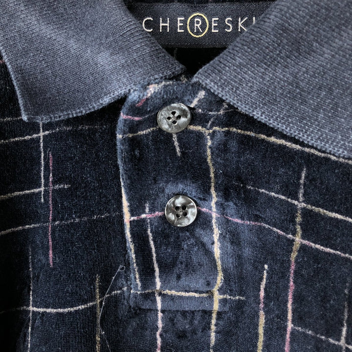 CHERESKIN all-over print velour long-sleeved polo shirt, men's size M cotton navy blue type Vintage Second Hand
