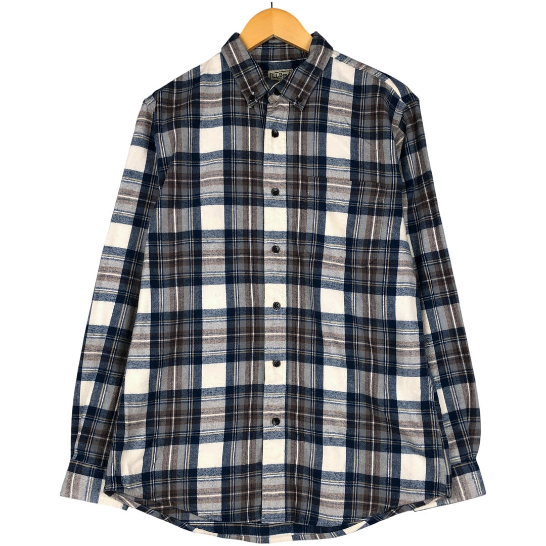 90s-00'S LL Bean tartan check long-sleeve button-down light flannel check shirt, men's size M, vintage cotton Navy blue Vintage Second Hand