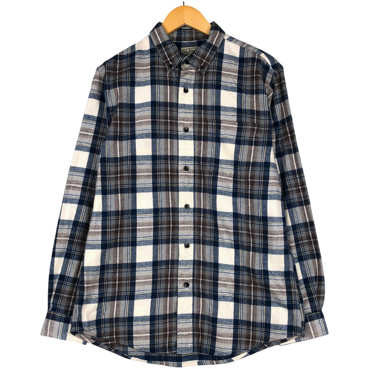 90s-00'S LL Bean tartan check long-sleeve button-down light flannel check shirt, men's size M, vintage cotton Navy blue Vintage Second Hand