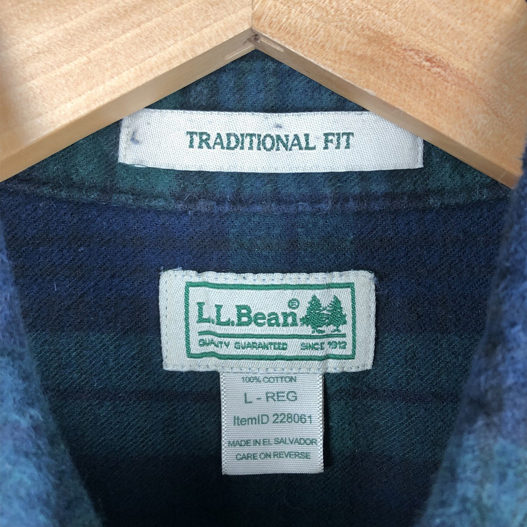 LLBean Traditional Fit Blackwatch Check Long Sleeve Flannel Check Shirt, Men's Size L cotton green type Vintage Second Hand