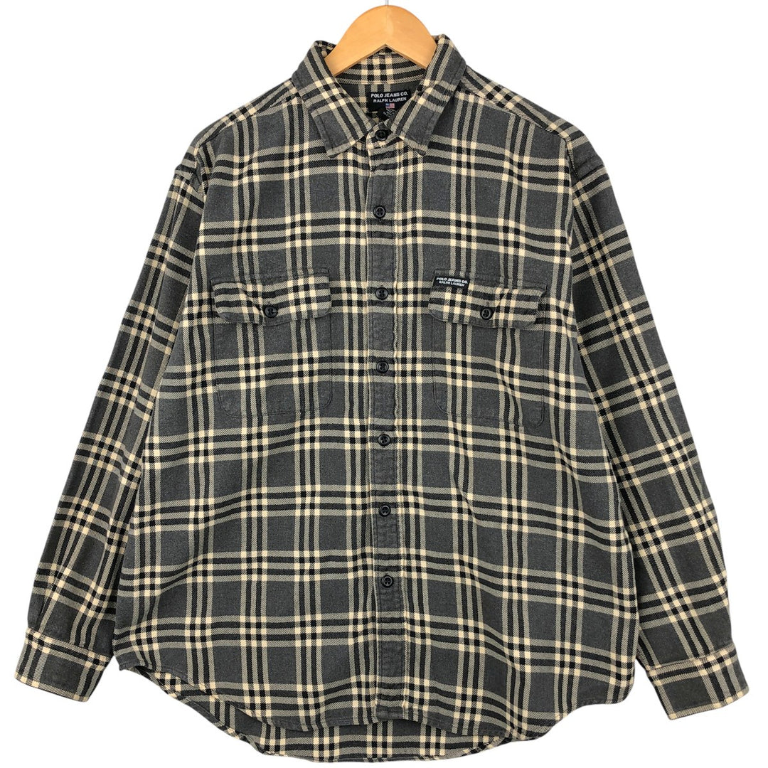 2000'S Ralph Lauren Polo Jeans Company long-sleeved flannel check shirt, men's size L cotton gray type Vintage Second Hand
