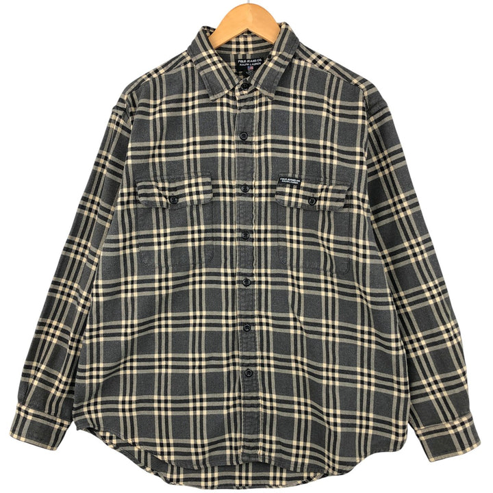 2000'S Ralph Lauren Polo Jeans Company long-sleeved flannel check shirt, men's size L cotton gray type Vintage Second Hand