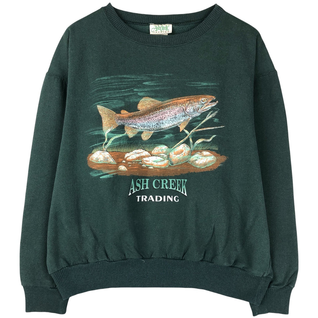 Vintage Ash Creek fish and animal print sweatshirt from the 1990s, made in Canada, size L. cotton Green type dark green Vintage Second Hand