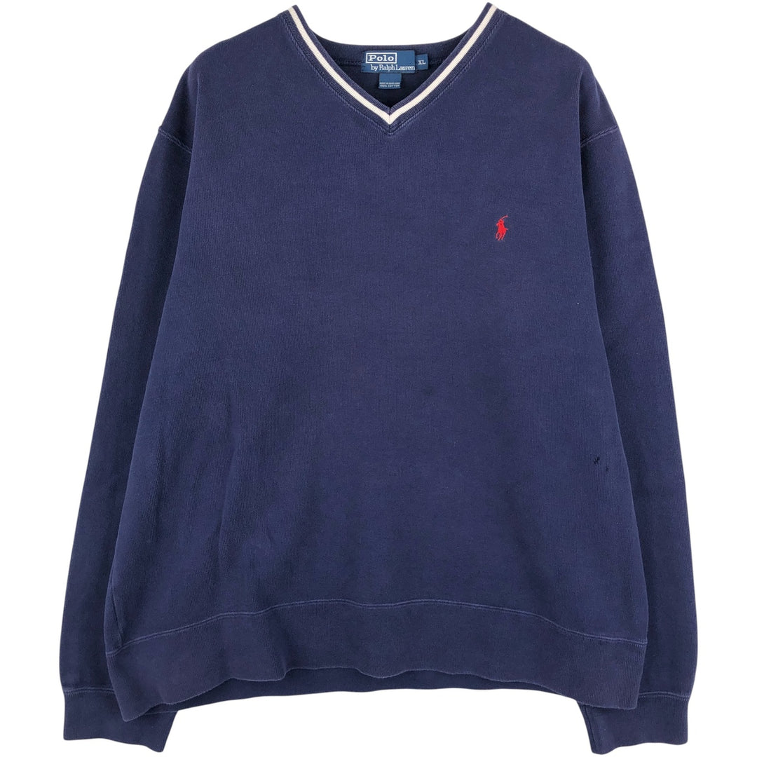 Ralph Lauren POLO by Ralph Lauren V-neck one-point logo sweatshirt, sweatshirt, men's XL size cotton navy blue type Vintage Second Hand