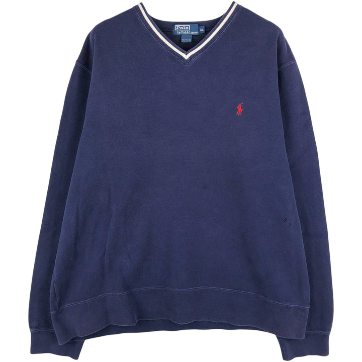 Ralph Lauren POLO by Ralph Lauren V-neck one-point logo sweatshirt, sweatshirt, men's XL size cotton navy blue type Vintage Second Hand