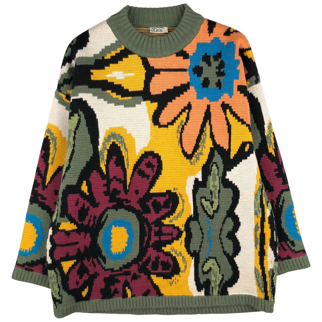 90'S OXBOW all-over botanical pattern acrylic knit sweater, men's size M, vintage acrylic Khaki type Vintage Second Hand