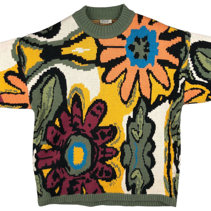 90'S OXBOW all-over botanical pattern acrylic knit sweater, men's size M, vintage acrylic Khaki type Vintage Second Hand