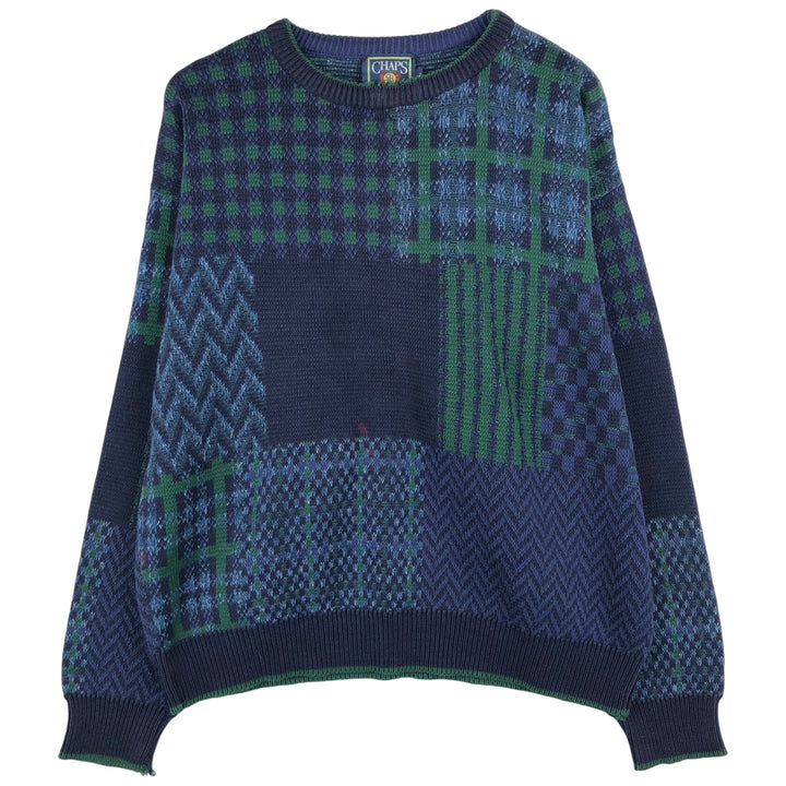 Vintage 90'S Ralph Lauren CHAPS check pattern cotton knit sweater, made in the USA, size L, men's cotton navy blue type Vintage Second Hand
