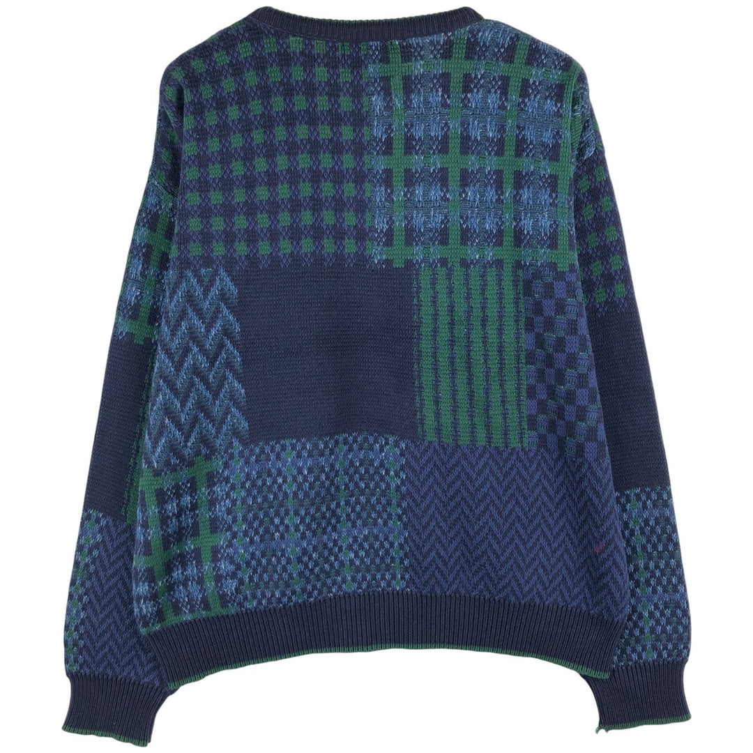 Vintage 90'S Ralph Lauren CHAPS check pattern cotton knit sweater, made in the USA, size L, men's cotton navy blue type Vintage Second Hand