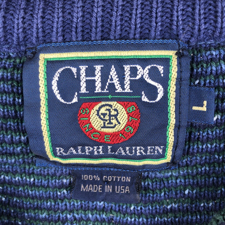 Vintage 90'S Ralph Lauren CHAPS check pattern cotton knit sweater, made in the USA, size L, men's cotton navy blue type Vintage Second Hand