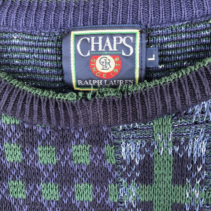 Vintage 90'S Ralph Lauren CHAPS check pattern cotton knit sweater, made in the USA, size L, men's cotton navy blue type Vintage Second Hand