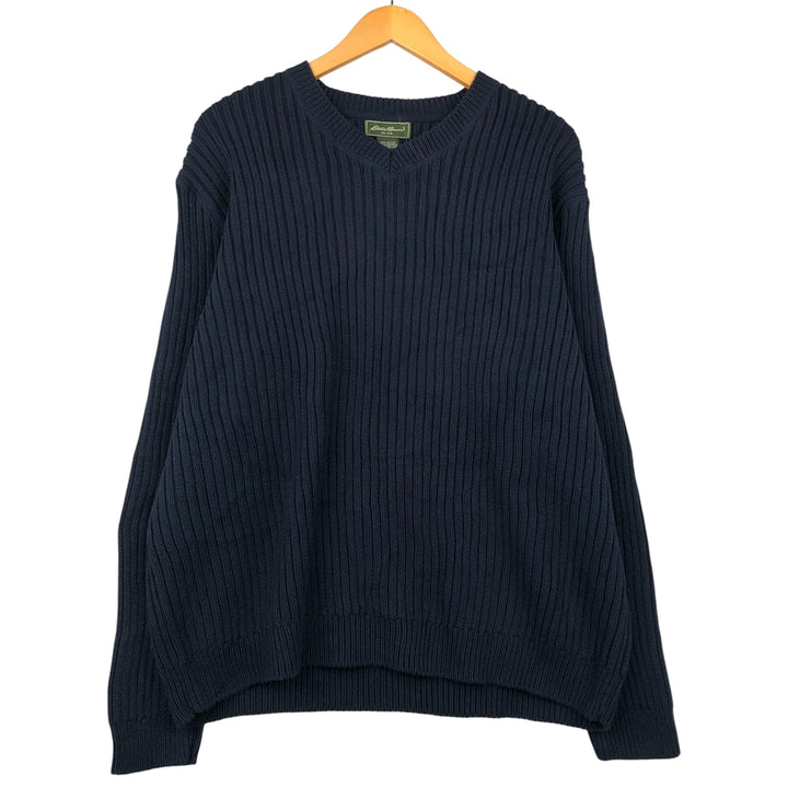 2000'S Eddie Bauer Ribbed V-Neck Cotton Knit Sweater, Men's Size XL cotton Navy blue Vintage Second Hand