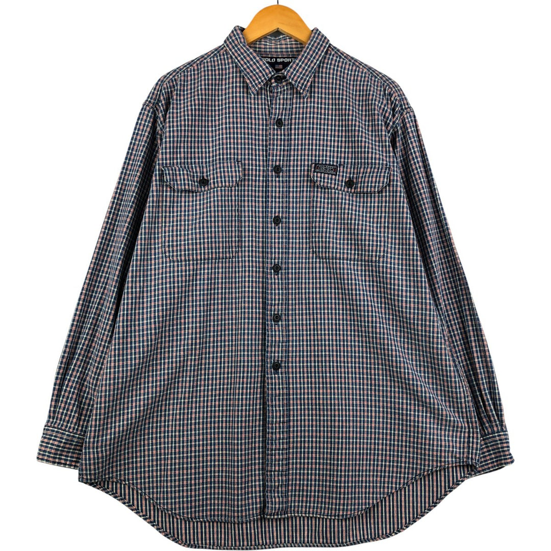 Vintage 90'S Ralph Lauren POLO SPORT long-sleeved flannel check shirt, men's size XL cotton Navy blue Vintage Second Hand