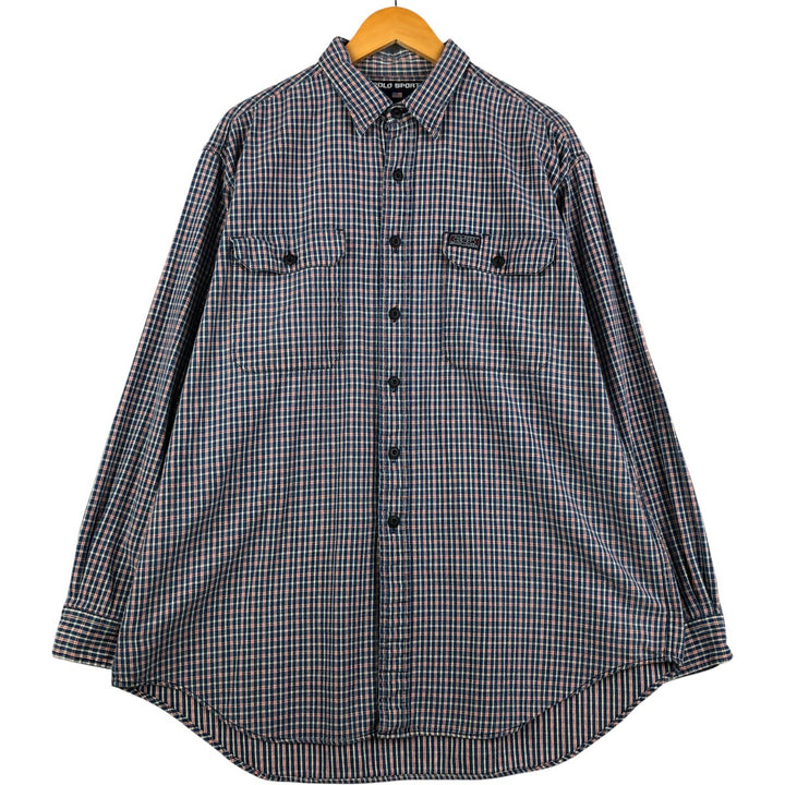 Vintage 90'S Ralph Lauren POLO SPORT long-sleeved flannel check shirt, men's size XL cotton Navy blue Vintage Second Hand