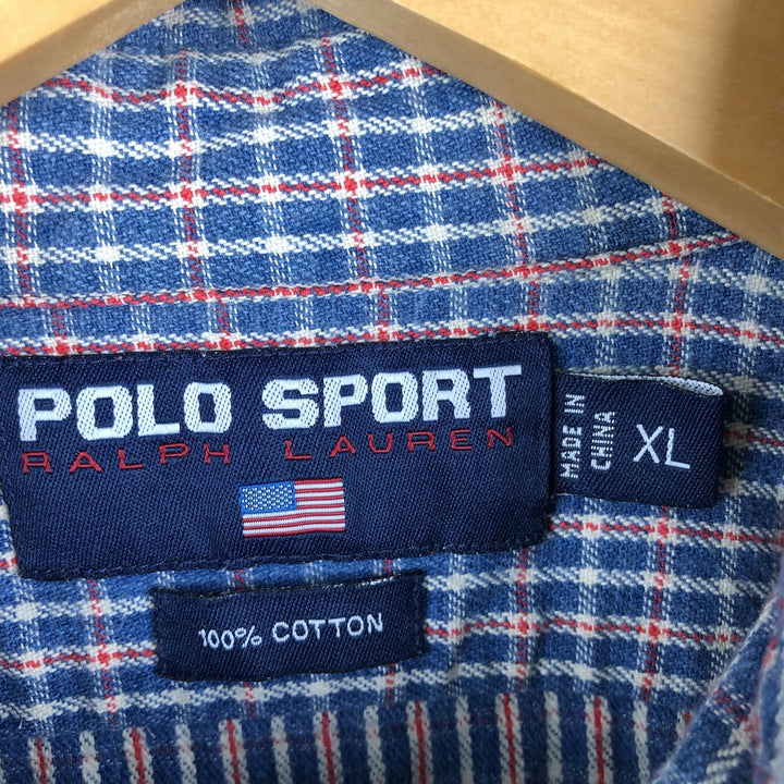 Vintage 90'S Ralph Lauren POLO SPORT long-sleeved flannel check shirt, men's size XL cotton Navy blue Vintage Second Hand