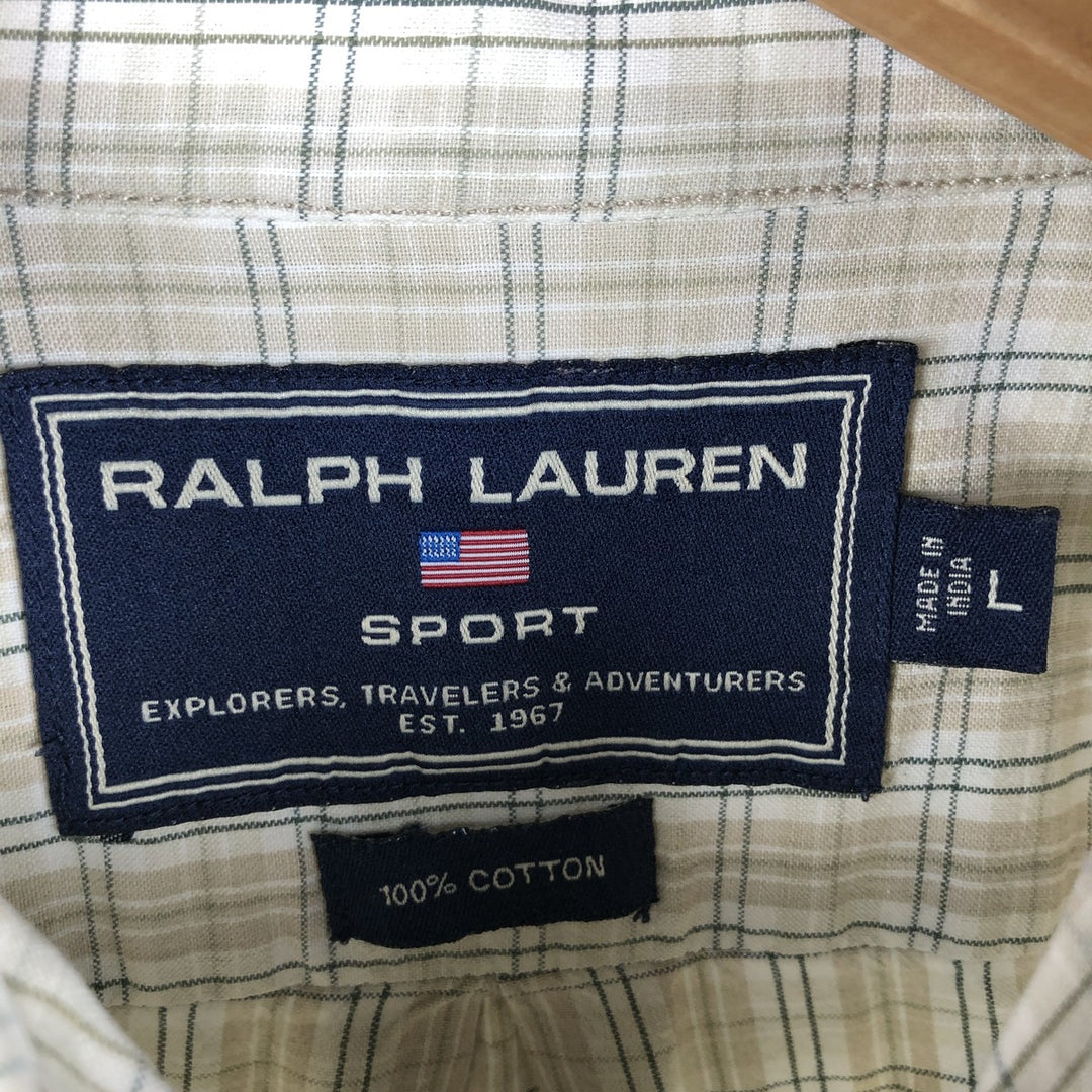 Ralph Lauren POLO SPORT long-sleeved button-down check shirt, men's size L cotton Beige type Vintage Second Hand