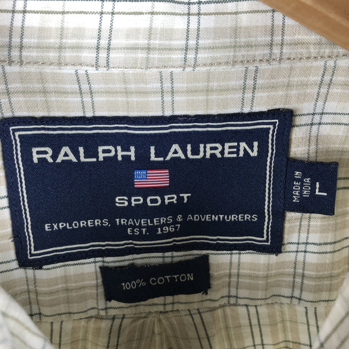 Ralph Lauren POLO SPORT long-sleeved button-down check shirt, men's size L cotton Beige type Vintage Second Hand