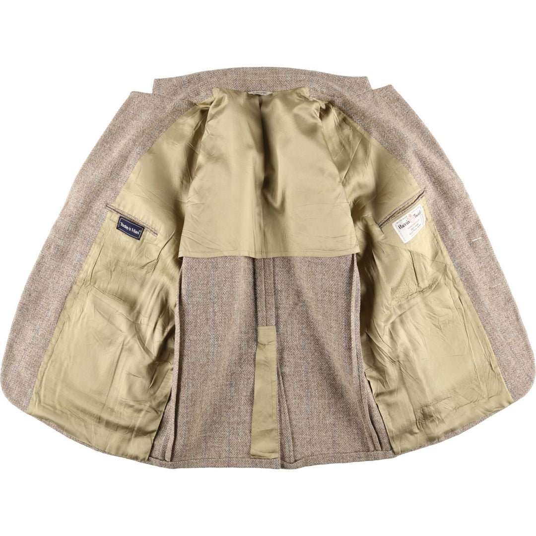80s-90'S Today's Man Harris Tweed Herringbone Wool Tailored Jacket, Made in USA, Men's Size XL wool Beige type Vintage Second Hand