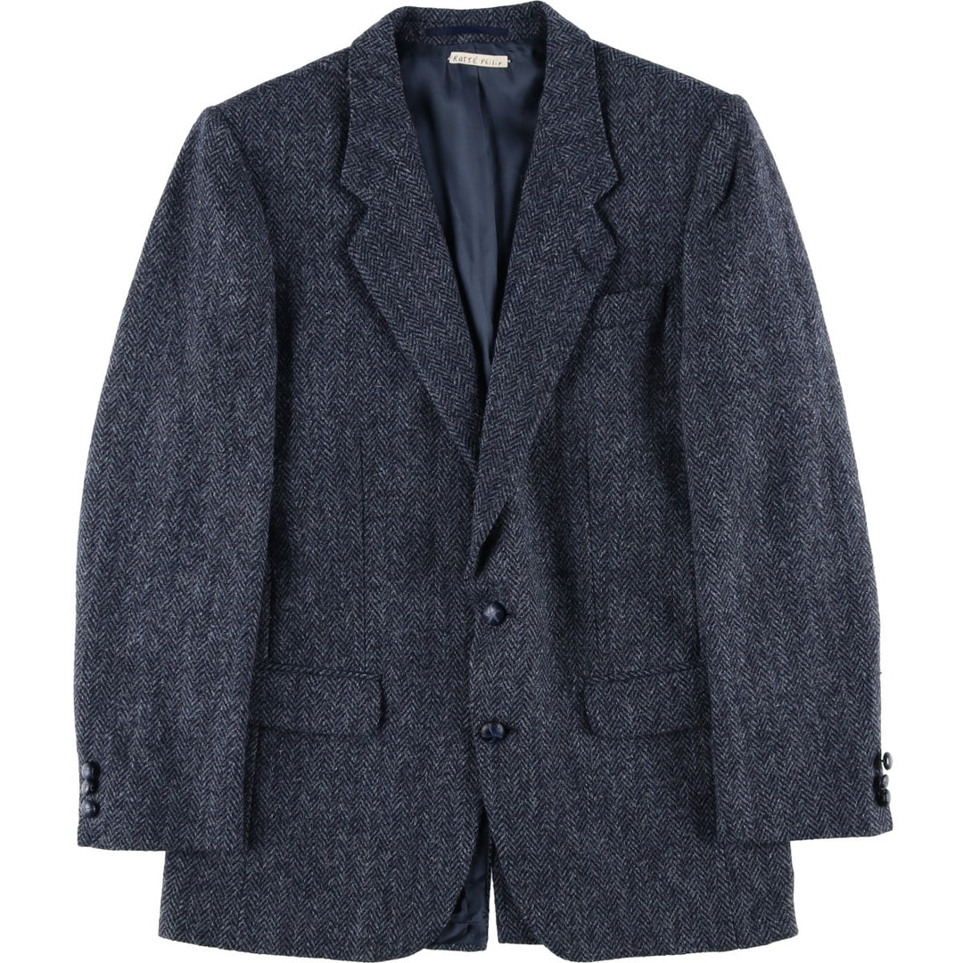 1990'S EATON BIRKDALE Harris Tweed Herringbone Wool Tailored Jacket, Made in Canada, Men's Size Medium wool navy blue type Vintage Second Hand