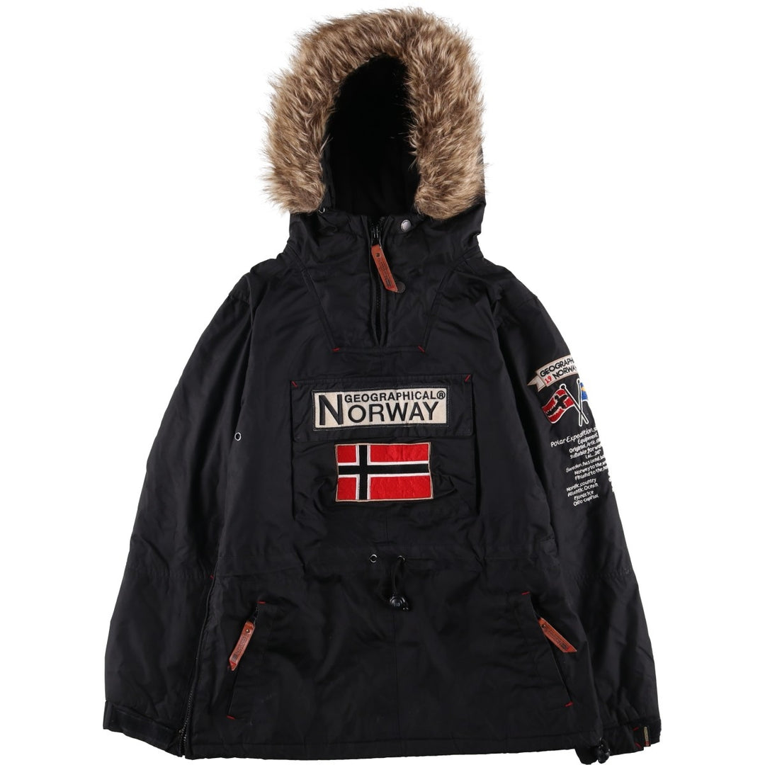 Geographical Norway Flag Pattern Fur-Lined Padded Anorak Parka Puffer Jacket Women's Size Medium polyester black type Vintage Second Hand