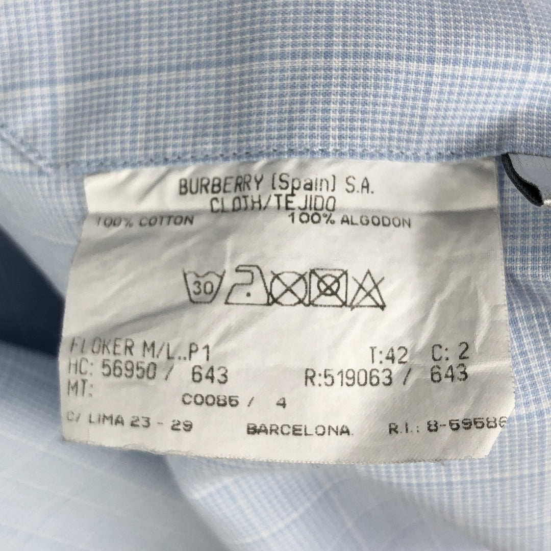 Burberry's LONDON wide-collar long-sleeved cotton check shirt, men's size M cotton Blue type light blue Vintage Second Hand