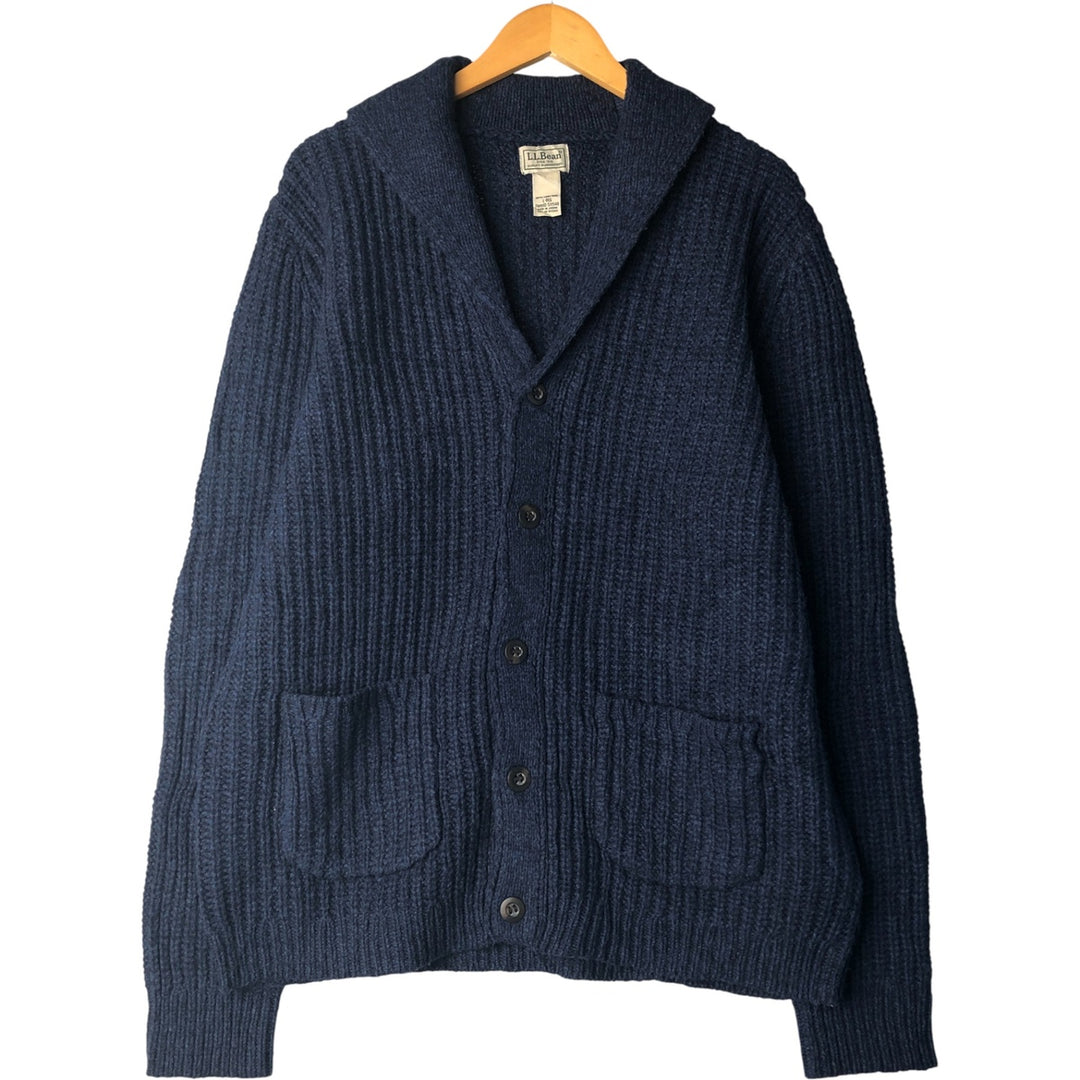 LLBean shawl collar wool knit cardigan, men's size L Lamb wool navy blue type Vintage Second Hand