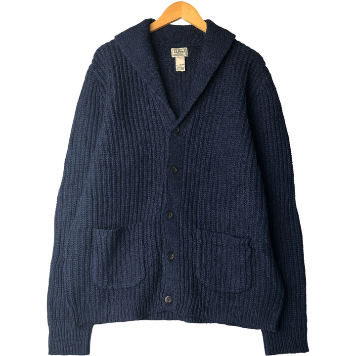 LLBean shawl collar wool knit cardigan, men's size L Lamb wool navy blue type Vintage Second Hand