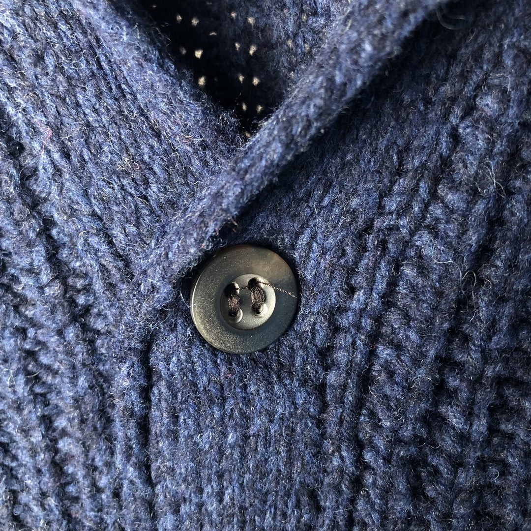 LLBean shawl collar wool knit cardigan, men's size L Lamb wool navy blue type Vintage Second Hand