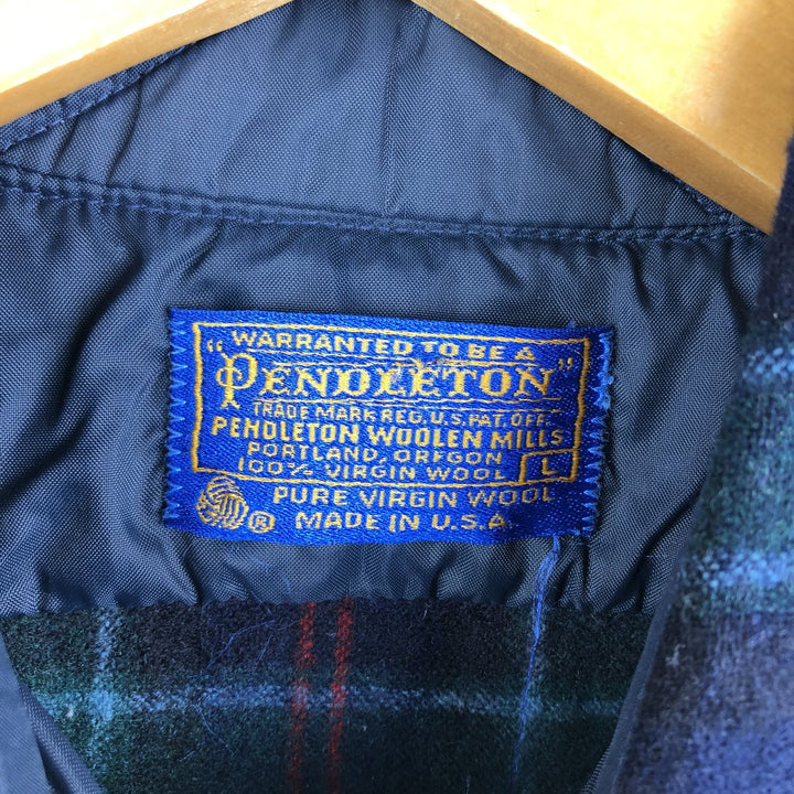 Vintage 70'S Pendleton Check Pattern Wool Shirt Made in USA Men's L wool navy blue type Vintage Second Hand