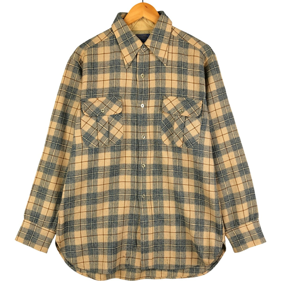 Vintage 70'S Pendleton Check Pattern Wool Shirt Made in USA Men's L wool Beige type Vintage Second Hand