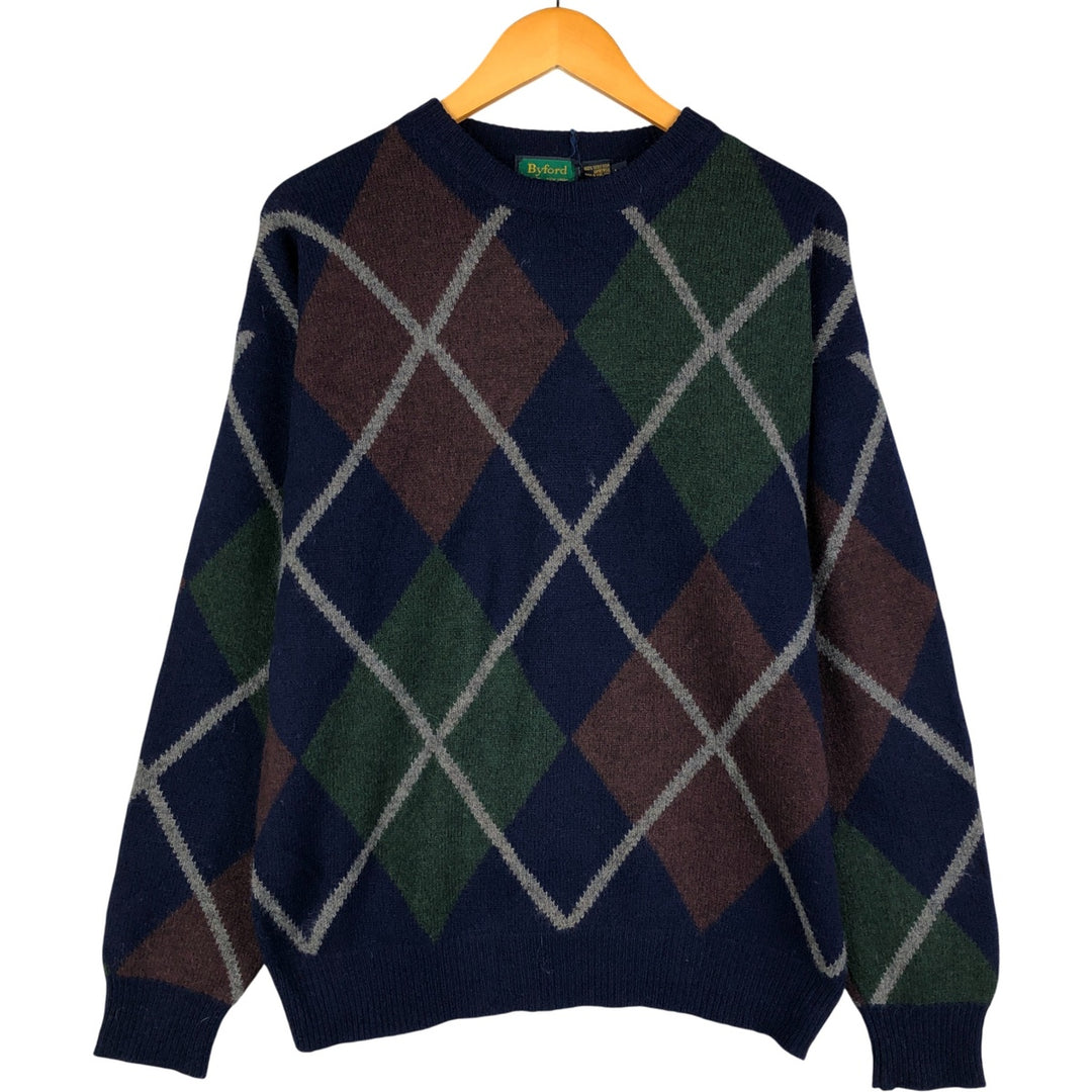 J.Crew Argyle Pattern Lambswool Knit Sweater, Men's Size Large, Vintage Lamb wool navy blue type Vintage Second Hand