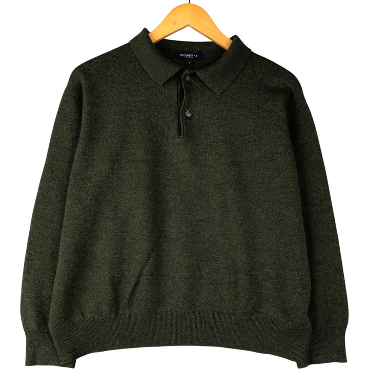 Vintage Burberry Check Pattern Polo Knit Sweater, Size 7 (Men's L) Merino wool Khaki type sage green Vintage Second Hand