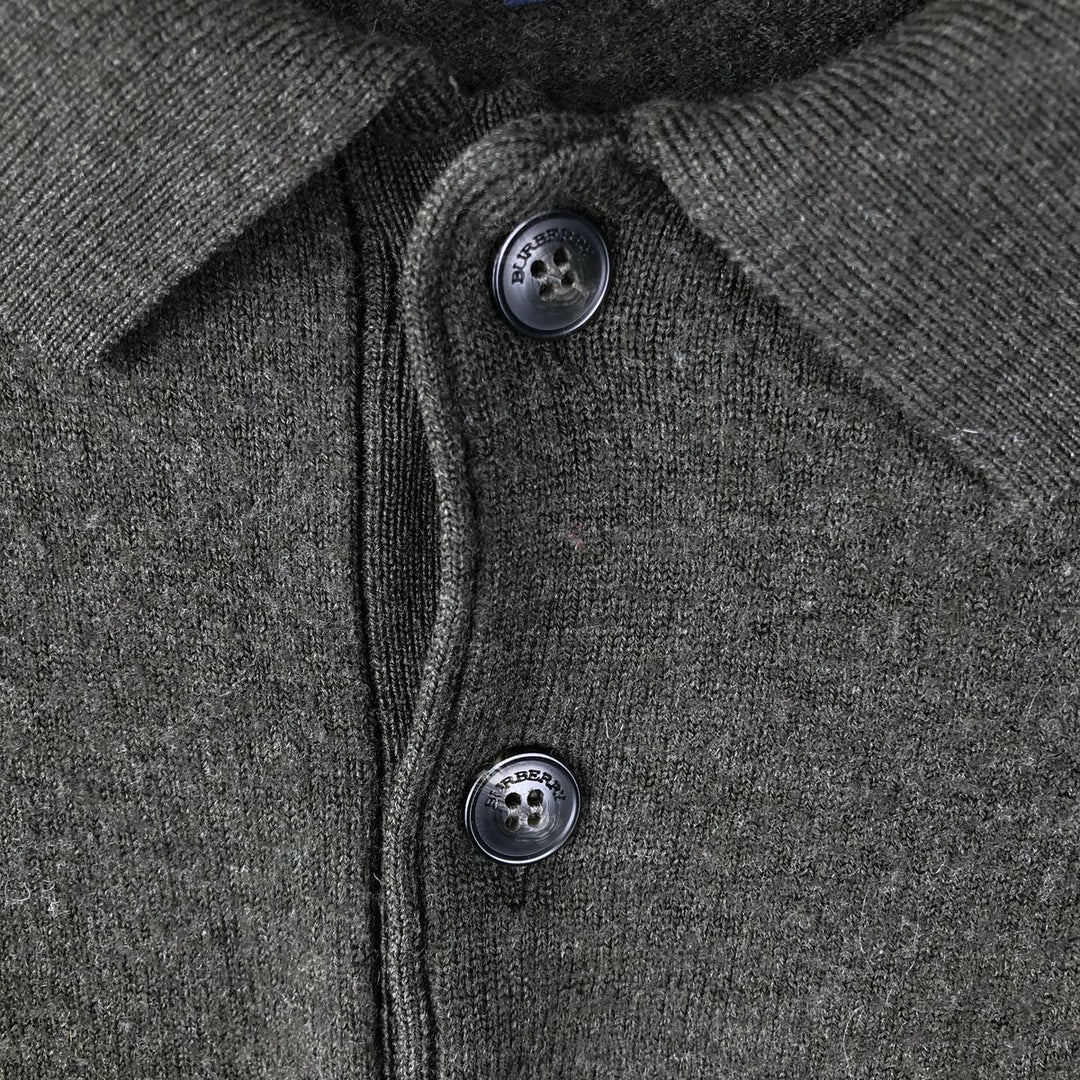 Vintage Burberry Check Pattern Polo Knit Sweater, Size 7 (Men's L) Merino wool Khaki type sage green Vintage Second Hand