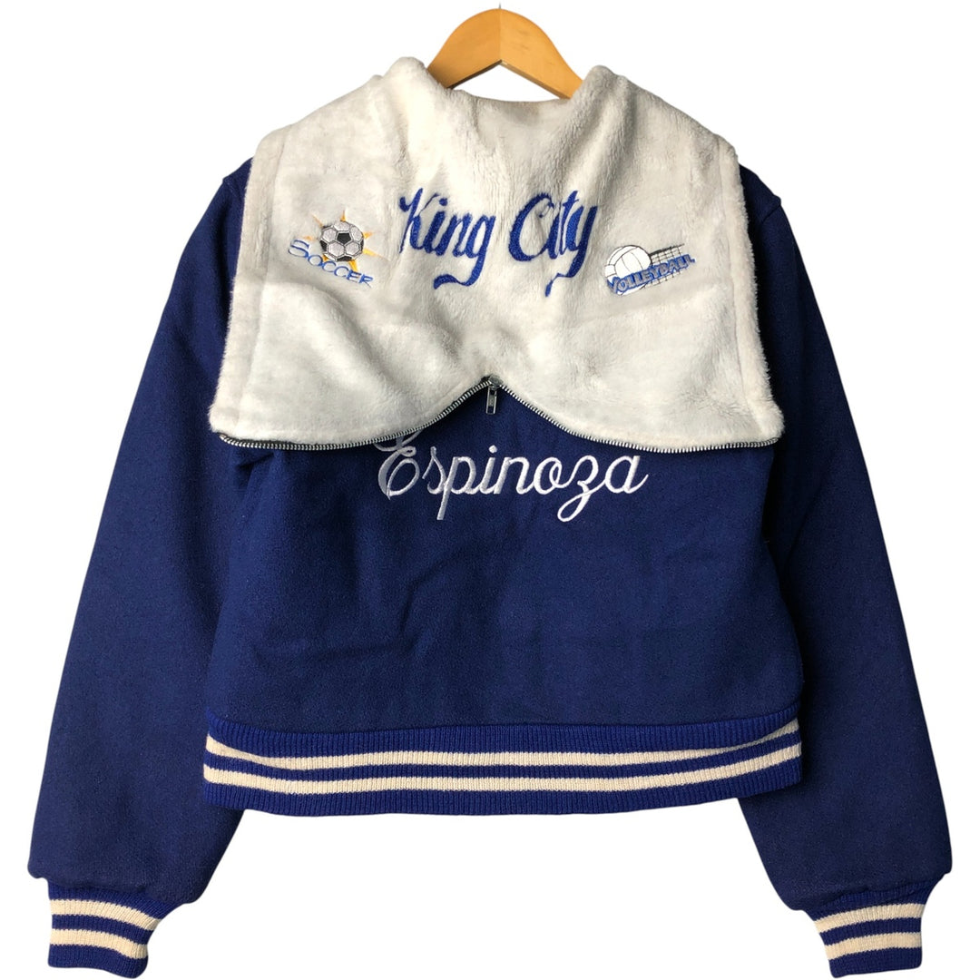 Vintage 1980'S TROPHY JACKETS hooded sailor collar padded wool stadium jacket, size M, women's unclear blue type Vintage Second Hand