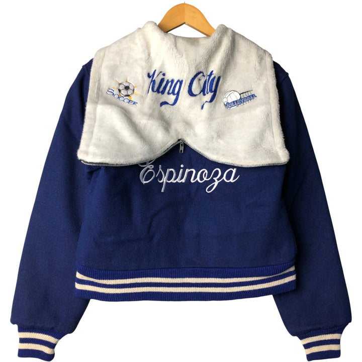 Vintage 1980'S TROPHY JACKETS hooded sailor collar padded wool stadium jacket, size M, women's unclear blue type Vintage Second Hand