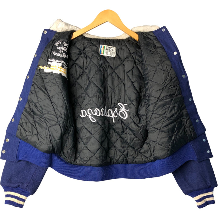 Vintage 1980'S TROPHY JACKETS hooded sailor collar padded wool stadium jacket, size M, women's unclear blue type Vintage Second Hand
