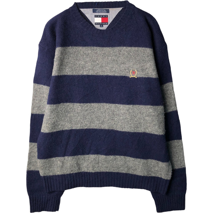Vintage 90'S Tommy Hilfiger Shetland wool knit sweater with a striped pattern, size XL, men's shetland wool navy blue type Vintage Second Hand