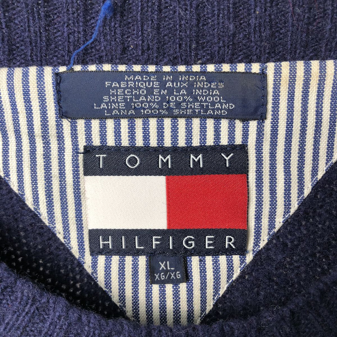Vintage 90'S Tommy Hilfiger Shetland wool knit sweater with a striped pattern, size XL, men's shetland wool navy blue type Vintage Second Hand
