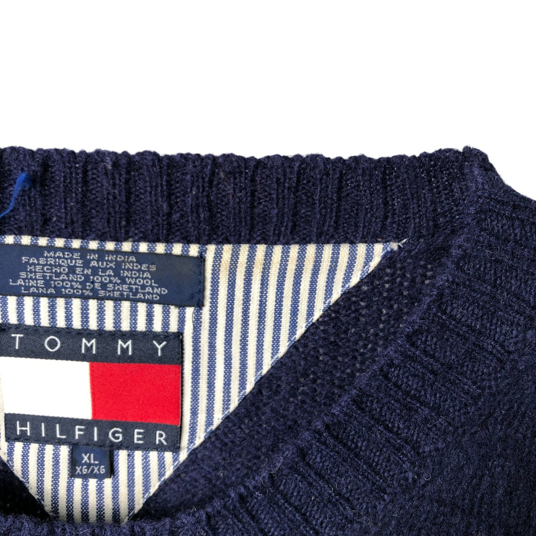 Vintage 90'S Tommy Hilfiger Shetland wool knit sweater with a striped pattern, size XL, men's shetland wool navy blue type Vintage Second Hand
