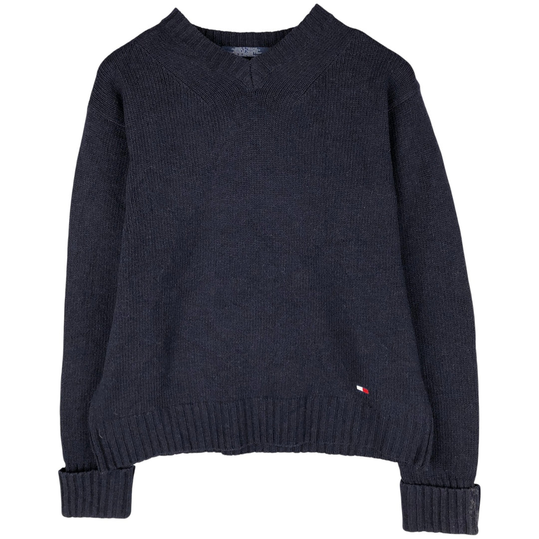 Vintage 90'S Tommy Hilfiger V-neck lambswool knit sweater, size L, men's Lamb wool navy blue type Vintage Second Hand