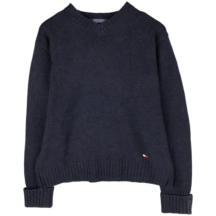 Vintage 90'S Tommy Hilfiger V-neck lambswool knit sweater, size L, men's Lamb wool navy blue type Vintage Second Hand