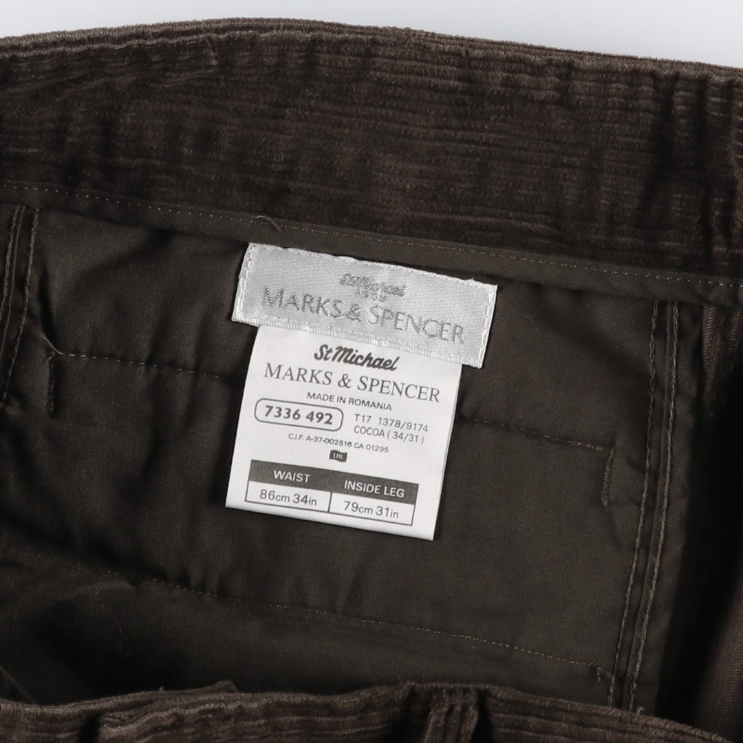 MARKS AND SPENCER Wide-Ribbed Two-Pleated Corduroy Pants, Men's, Size W32 cotton brown type Vintage Second Hand