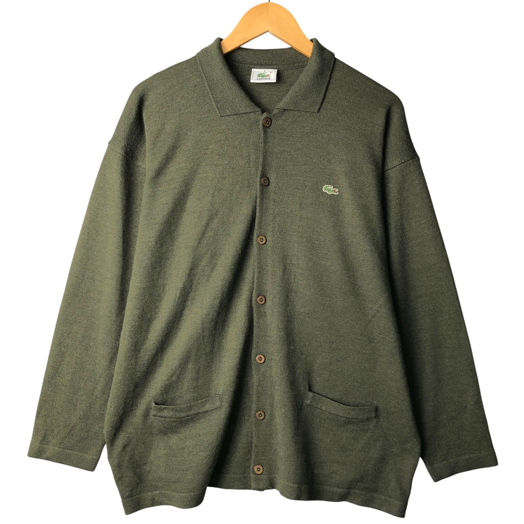 1980'S Lacoste Collared Wool Knit Cardigan, Size 8, Men's XXL wool Khaki type sage green Vintage Second Hand