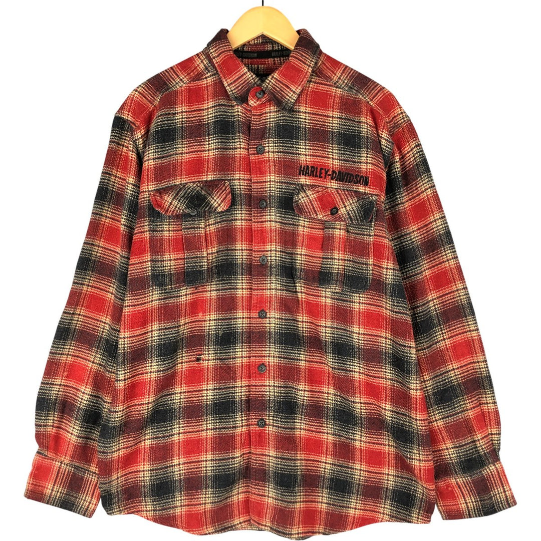 Harley-Davidson Ombre Check Hidden Button-Down Long Sleeve Flannel Check Shirt, Men's Size Medium cotton red type Vintage Second Hand