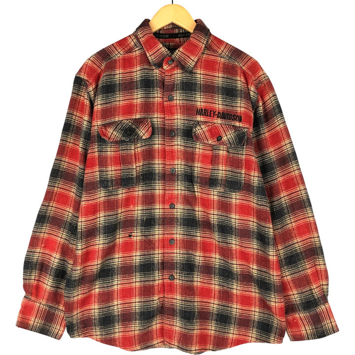 Harley-Davidson Ombre Check Hidden Button-Down Long Sleeve Flannel Check Shirt, Men's Size Medium cotton red type Vintage Second Hand