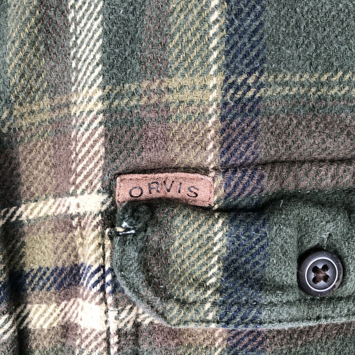 ORVIS Long Sleeve Heavy Flannel Check Shirt, Men's XL cotton Khaki type sage green Vintage Second Hand