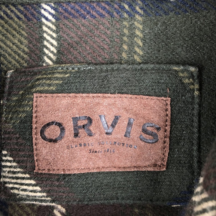 Orvis long-sleeved flannel check shirt, men's size S cotton Khaki type sage green Vintage Second Hand