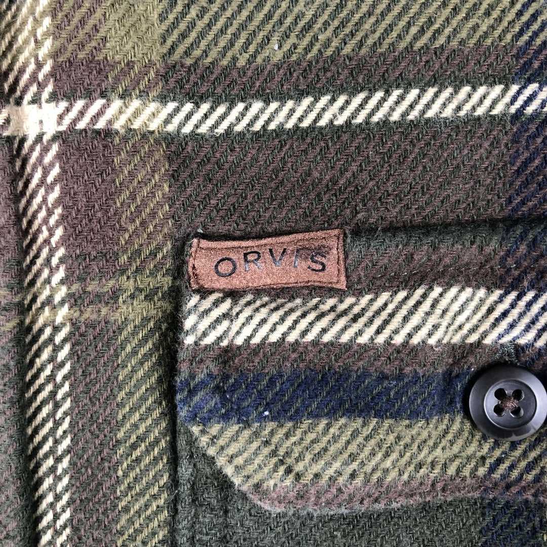 Orvis long-sleeved flannel check shirt, men's size S cotton Khaki type sage green Vintage Second Hand
